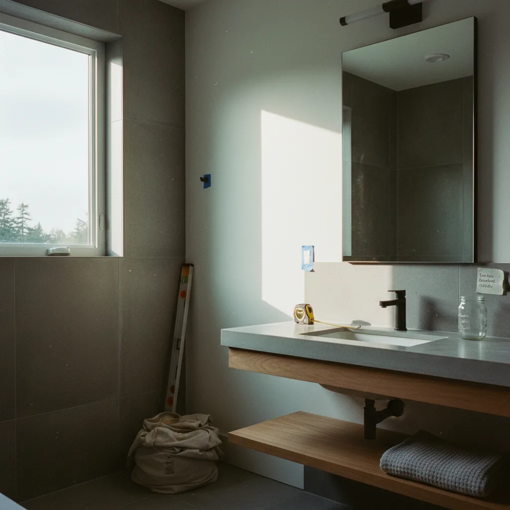 A modern Seattle bathroom featuring a curbless wet room, a floating walnut vanity, and a full wall slab of Calacatta Monet marble.