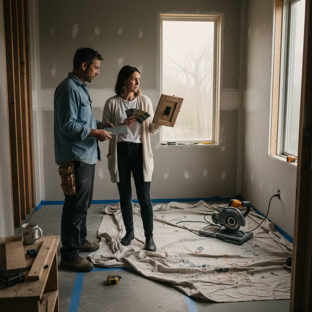 A homeowner in a Seattle home reviews marble slab samples with her interior designer and contractor in a partially finished bathroom.