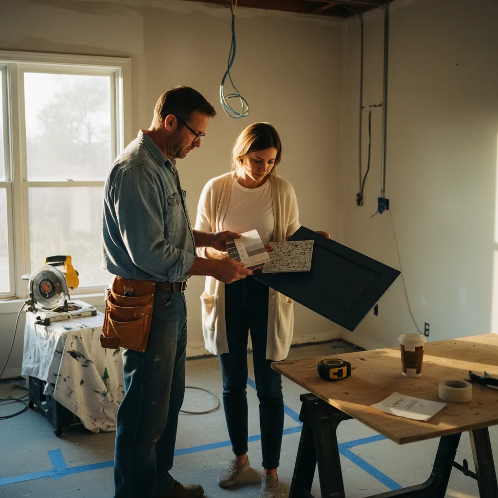 An Atlanta driveway contractor showing a homeowner charcoal-colored permeable paver samples from Belgard on a sunny afternoon.