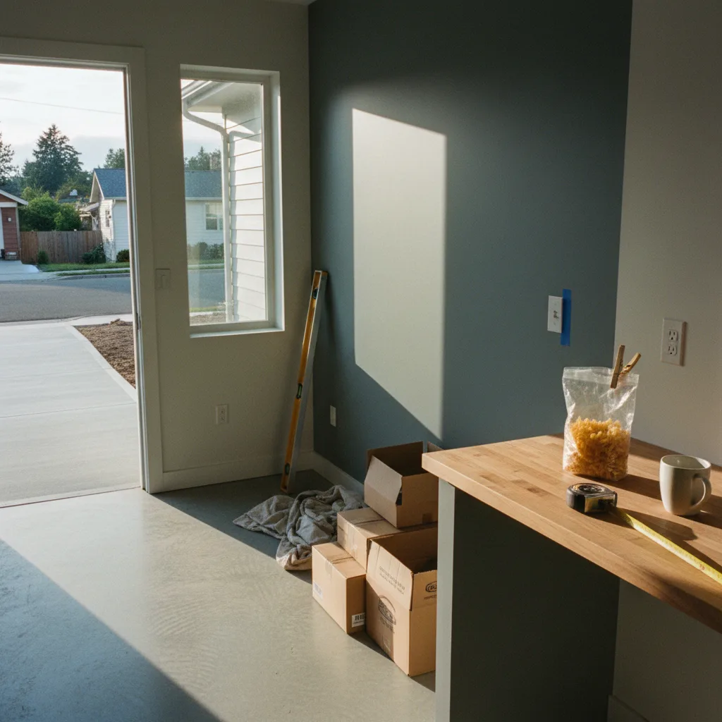 A modern ribbon driveway in a Portland neighborhood, with strips of dark gray concrete pavers separated by a lush green strip of native grasses and river rocks, leading to a contemporary home.