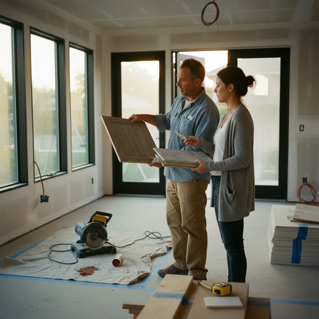 A San Diego homeowner and their driveway contractor review large-format concrete paver samples in the soft morning light.