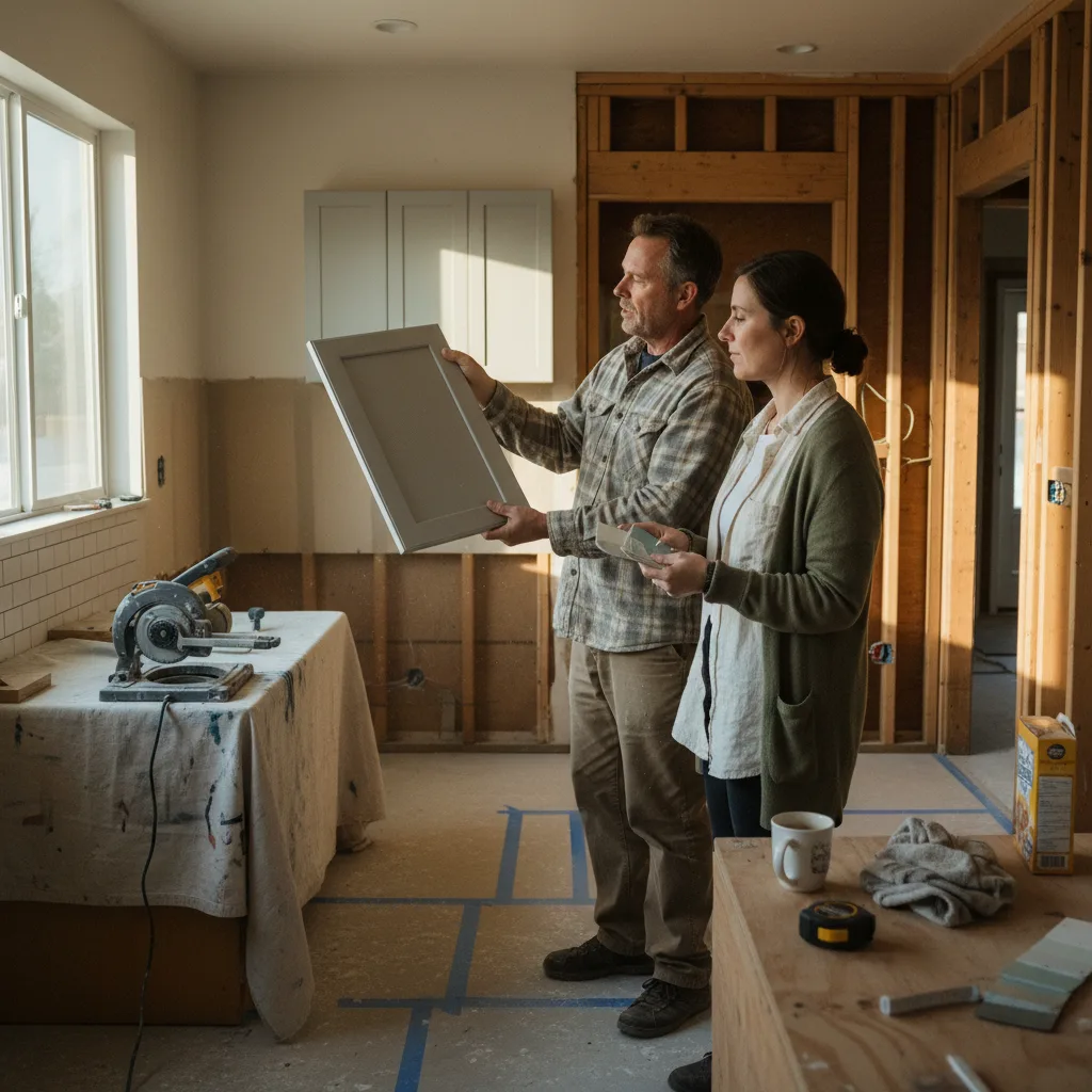 A homeowner and their kitchen contractor in a Cherry Creek home review honed soapstone slab samples under warm 2700K pendant lighting.