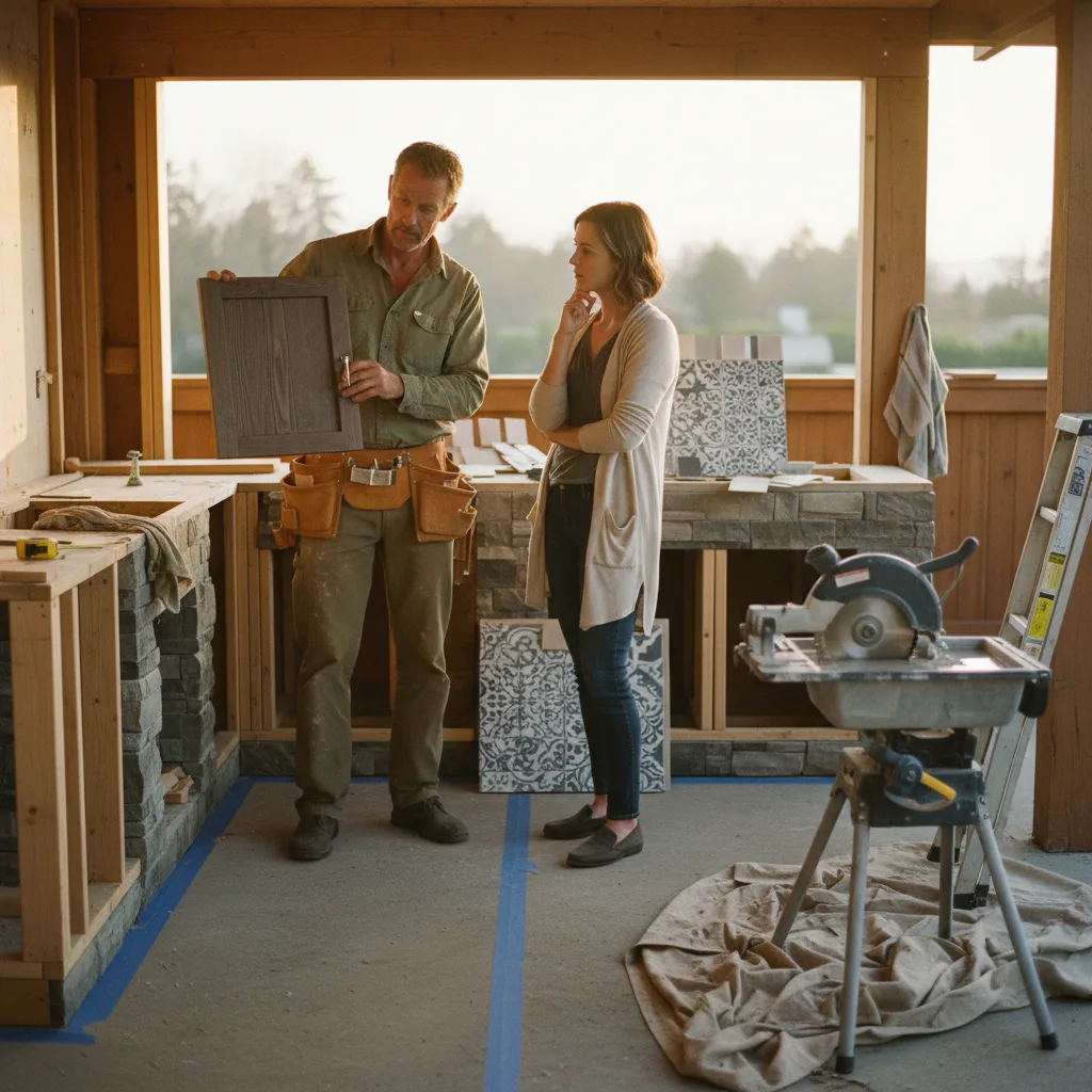 A Portland outdoor kitchen contractor reviews marine-grade cabinet samples with homeowners in their Laurelhurst backyard.
