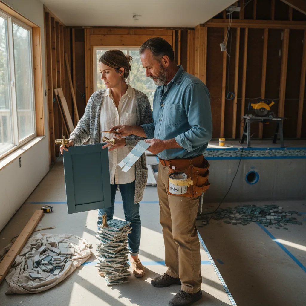 A homeowner and their pool contractor review paver samples on a partially constructed pool deck in Seattle, with the framing of the pool visible in the background.
