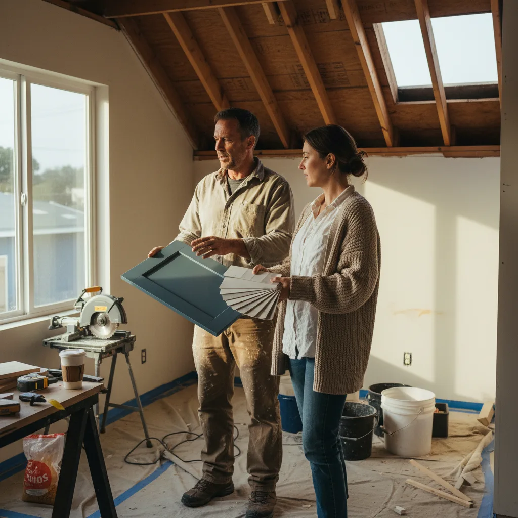 A San Francisco homeowner and their roofing contractor review samples of composite slate and standing seam metal in the soft afternoon light.