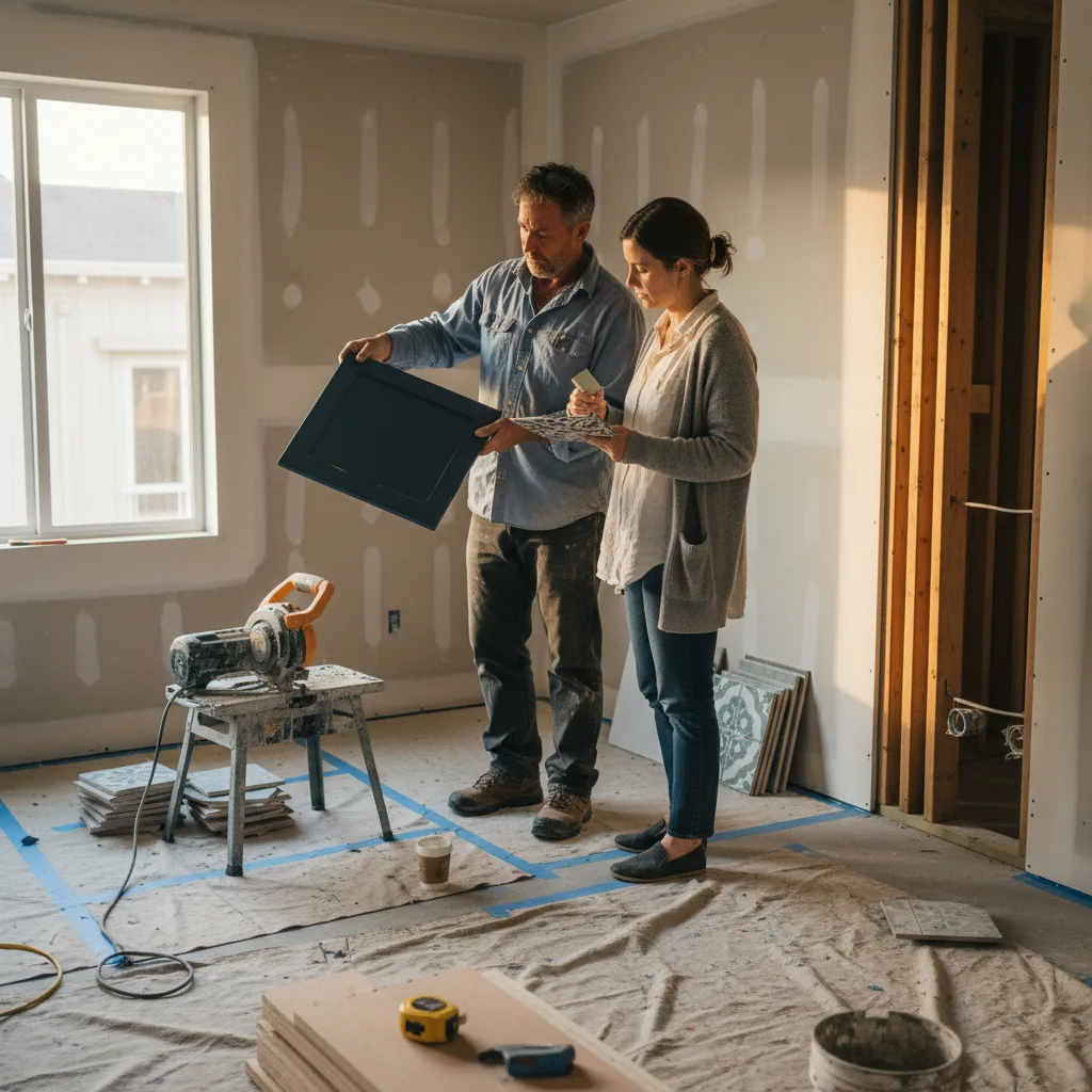 A San Francisco homeowner and their siding contractor review samples of dark fiber cement and natural cedar siding in a Noe Valley backyard.