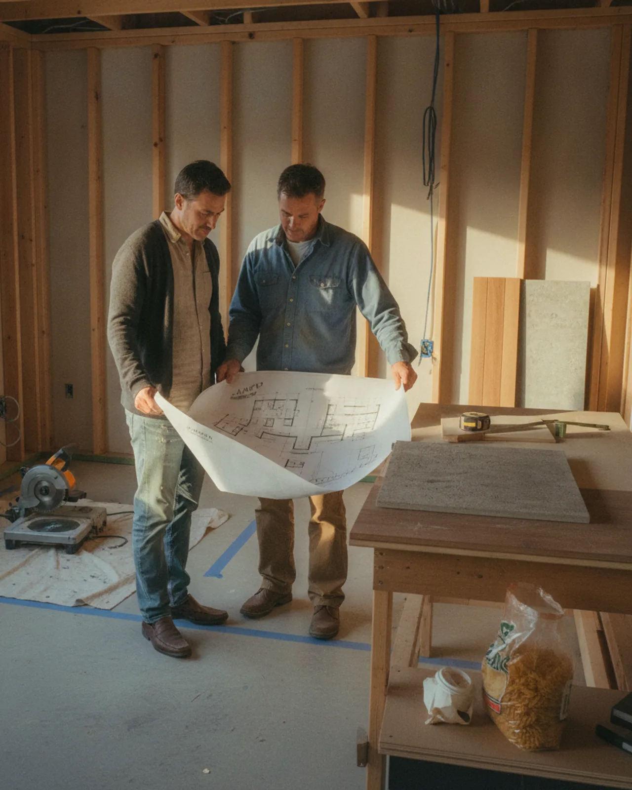 A homeowner and their contractor review ADU floor plans and material samples on a wooden table.
