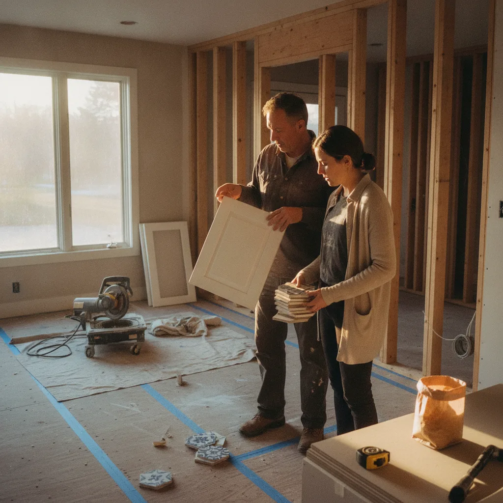 A homeowner and their contractor review architectural blueprints for a home addition inside a partially framed room.