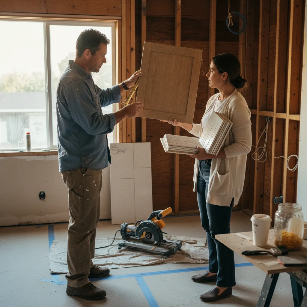 A homeowner and their contractor review ADU floor plans on a tablet in a Los Angeles backyard.
