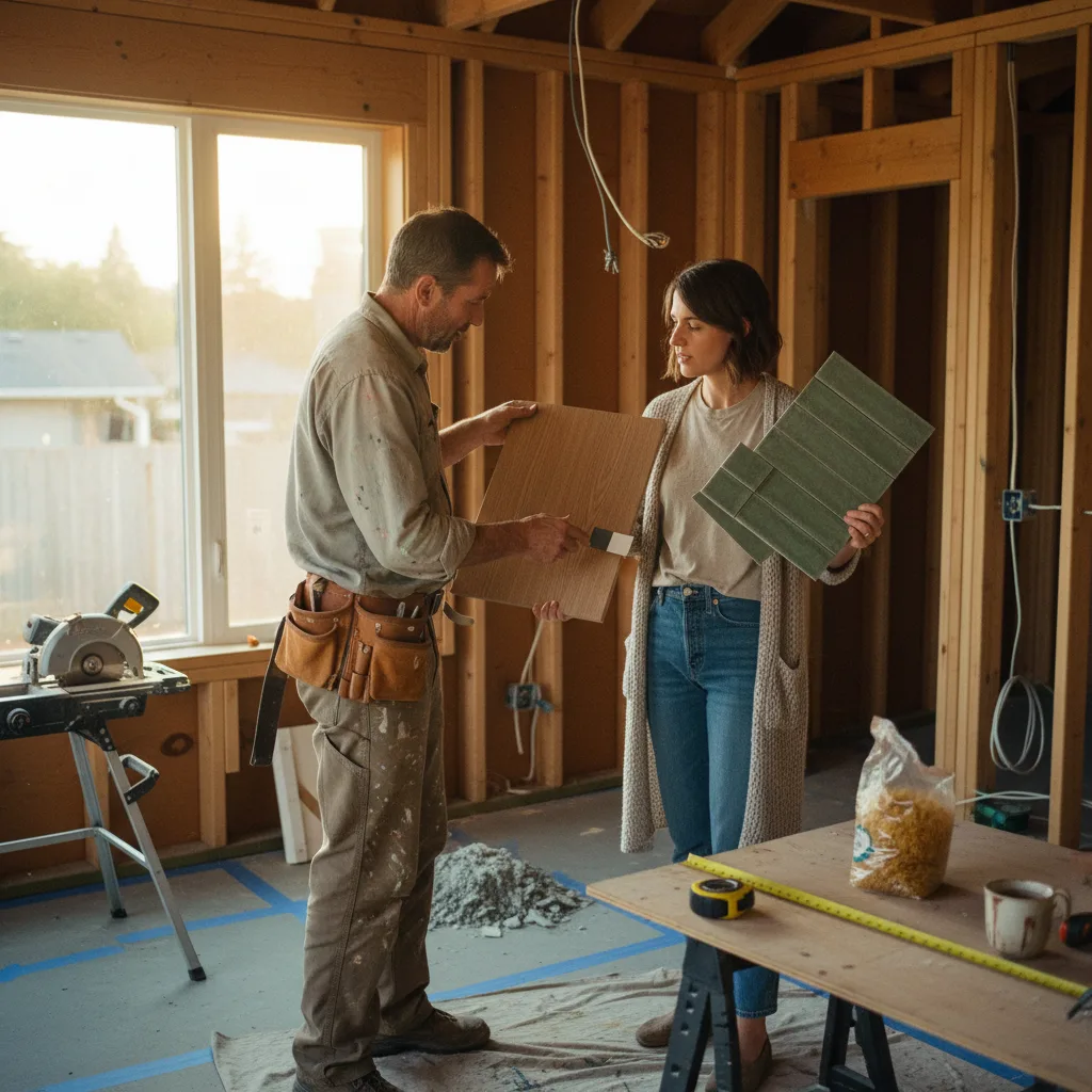 A homeowner and their contractor review ADU floor plans on a tablet inside a partially framed structure in Portland.