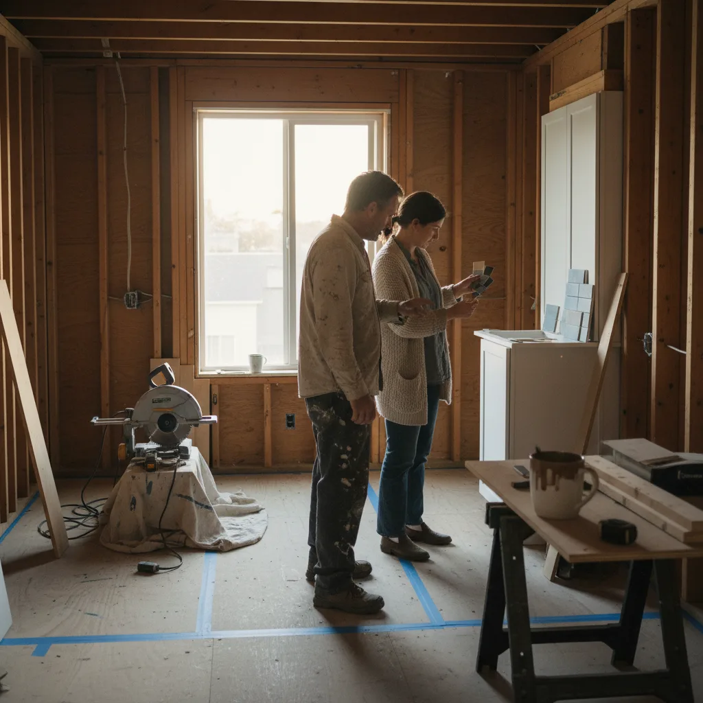 A San Francisco homeowner and their ADU contractor reviewing blueprints in a backyard space.