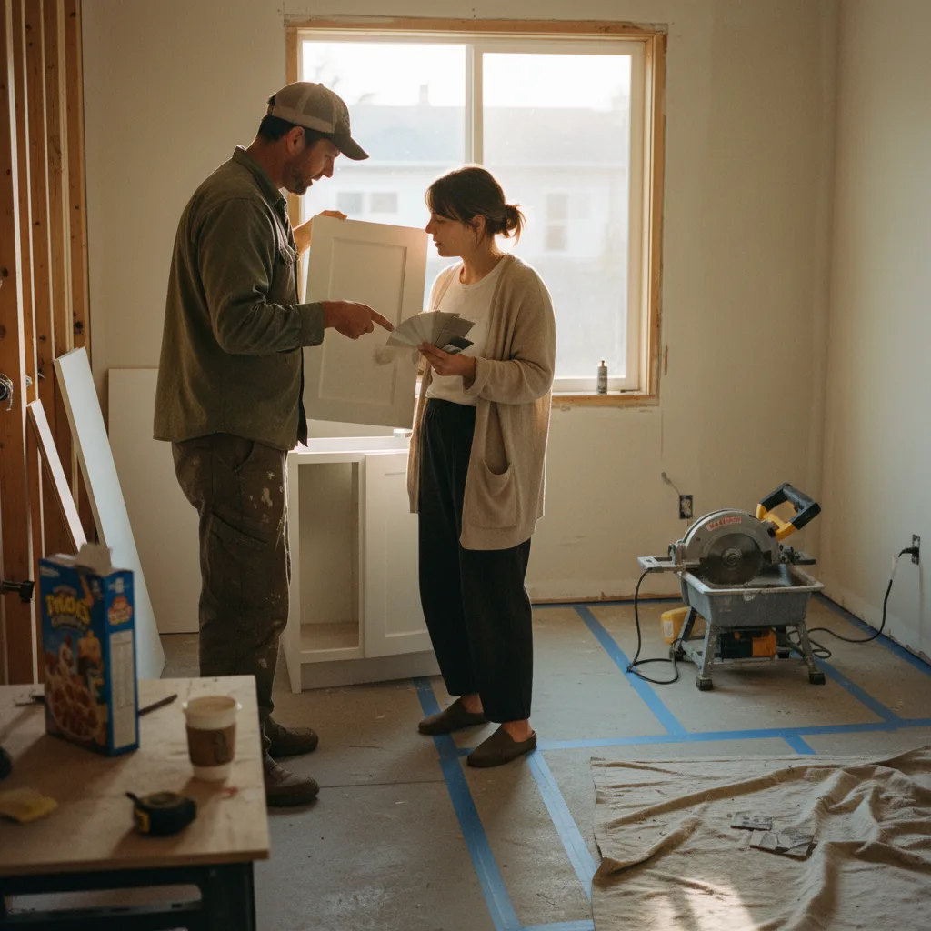 A Seattle homeowner and their ADU contractor review architectural plans on a tablet inside a newly framed structure.
