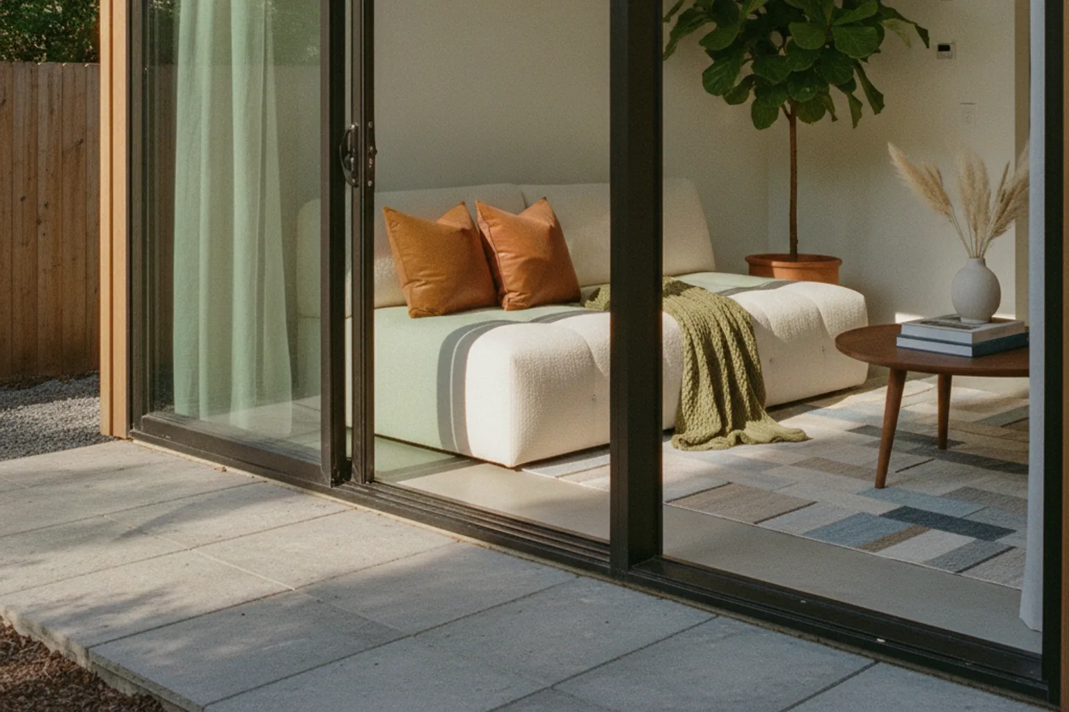 A small, modern backyard cottage with large windows, seen from the garden on a sunny day.