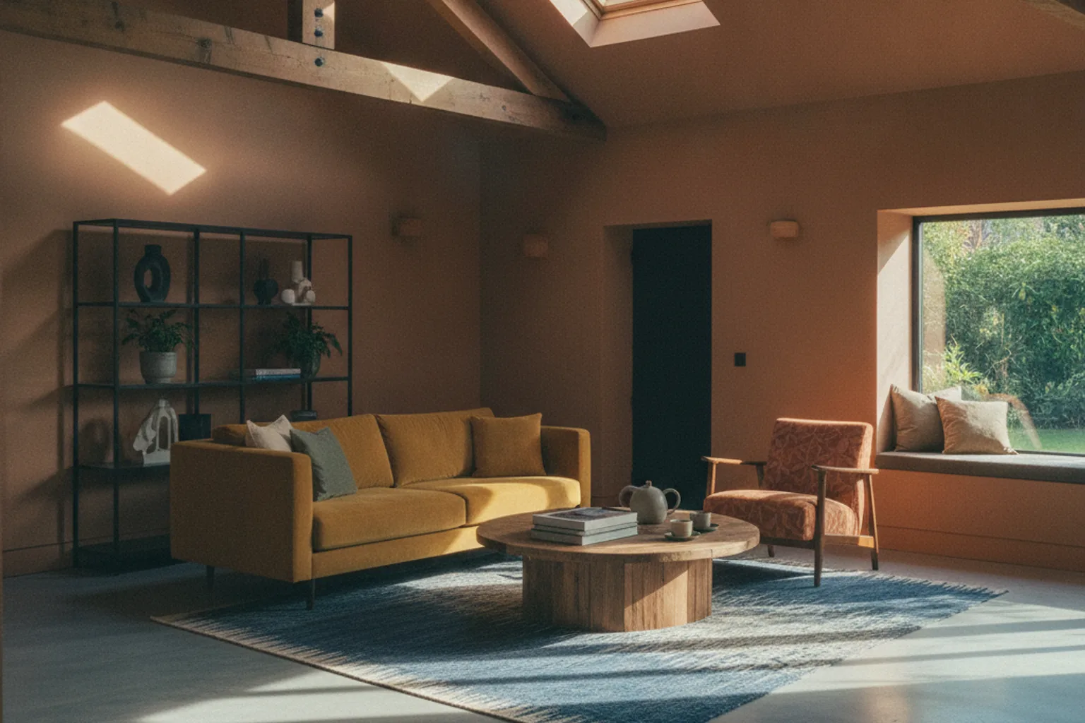 A stylish living room in a converted garage with high ceilings and a polished concrete floor.