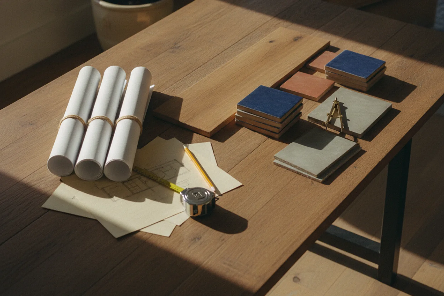 Rolled blueprints, material samples, and a tape measure on a wooden table.