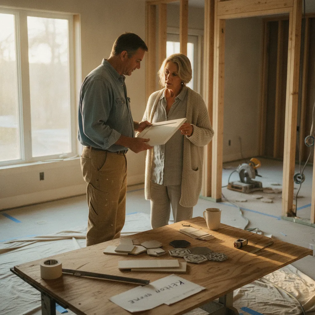 A homeowner and their contractor are reviewing flooring samples in an unfinished basement, pointing at different options laid out on the concrete floor.