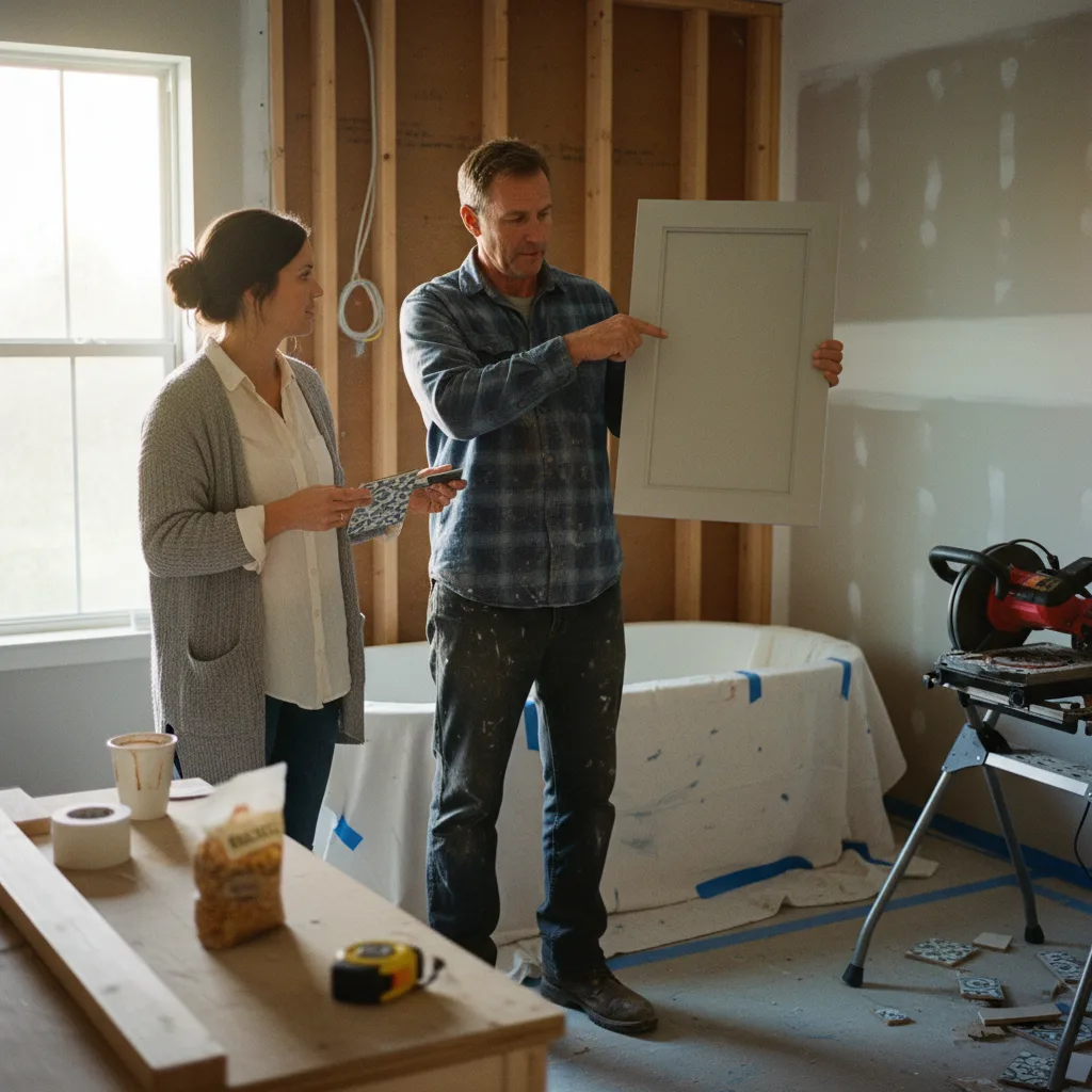 A Dallas homeowner and their contractor review tile samples in a partially demolished bathroom space.