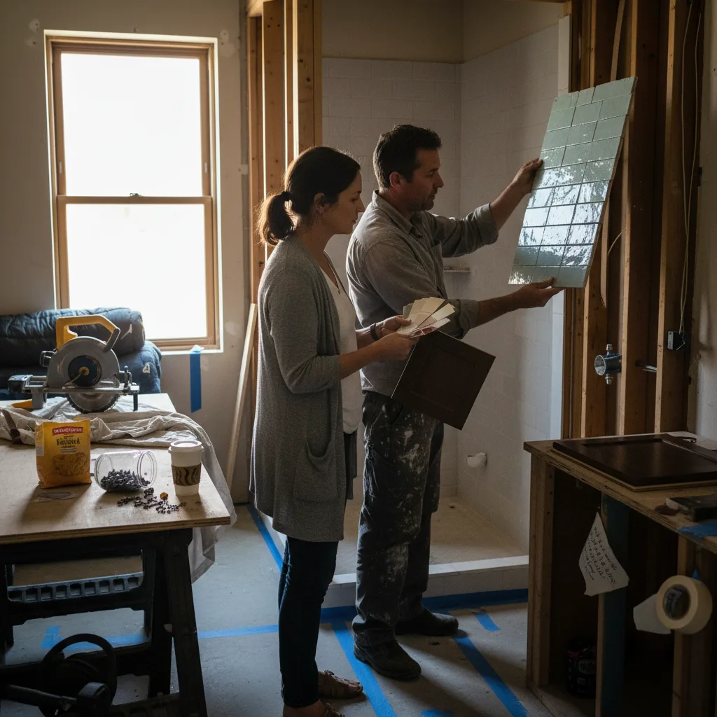 A Denver homeowner and their bathroom contractor review tile samples in a partially demolished bathroom.