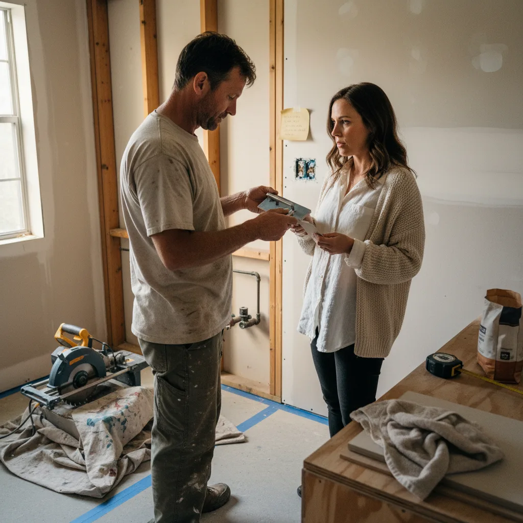 A Houston homeowner and their bathroom contractor reviewing tile samples and fixture catalogs for a primary bathroom renovation.