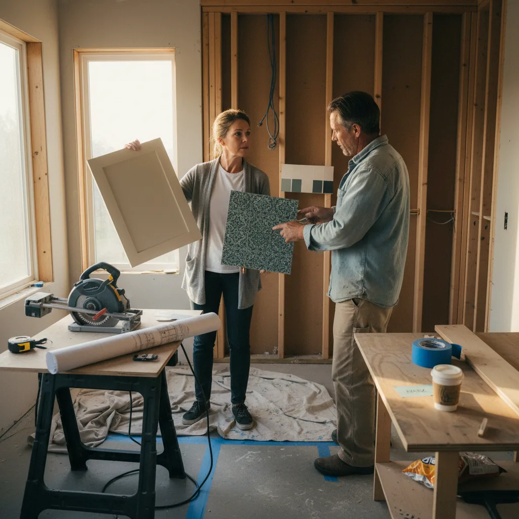 A homeowner and a bathroom contractor in Los Angeles review tile samples and blueprints for a remodel.