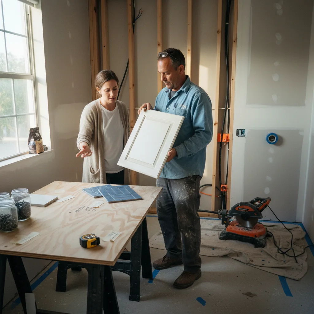 A Miami homeowner and their bathroom contractor review tile samples in a partially renovated bathroom.
