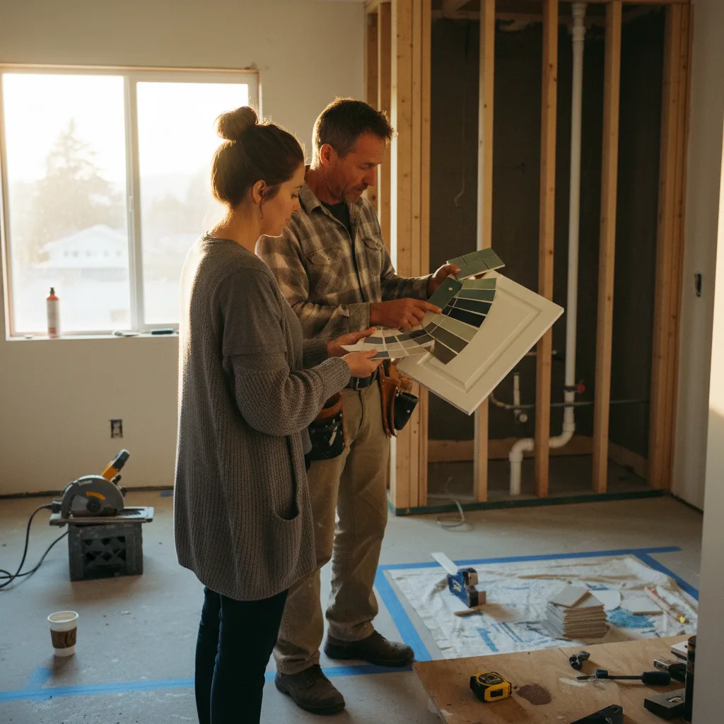 A Portland homeowner and their contractor reviewing tile samples in a partially renovated bathroom.