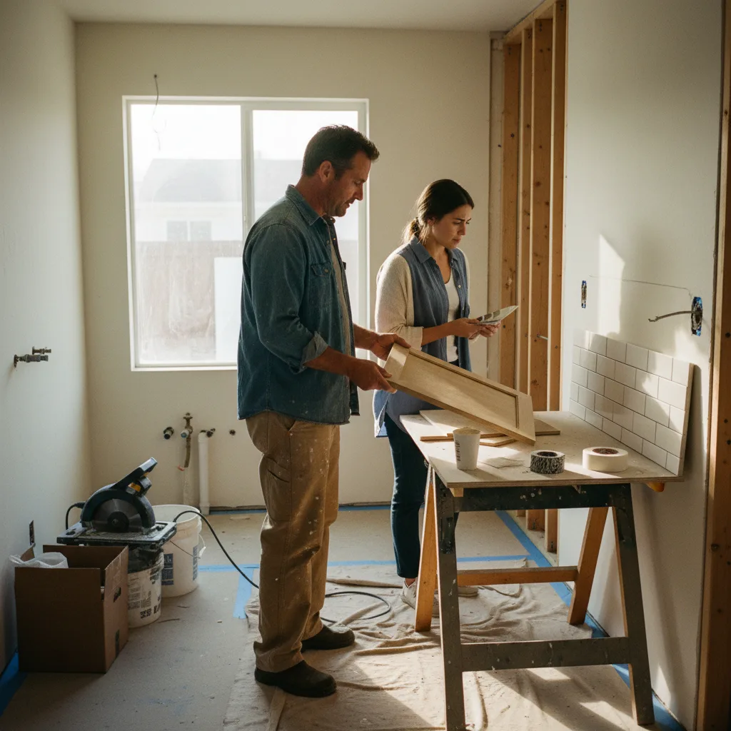 A San Diego homeowner and their bathroom contractor reviewing floor tile options in a partially renovated space.