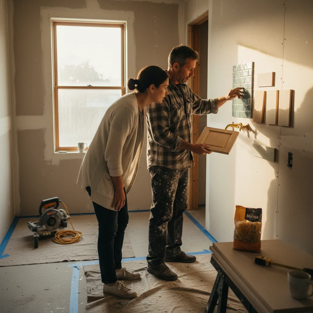 A homeowner and contractor in San Francisco review tile samples for a bathroom renovation project.