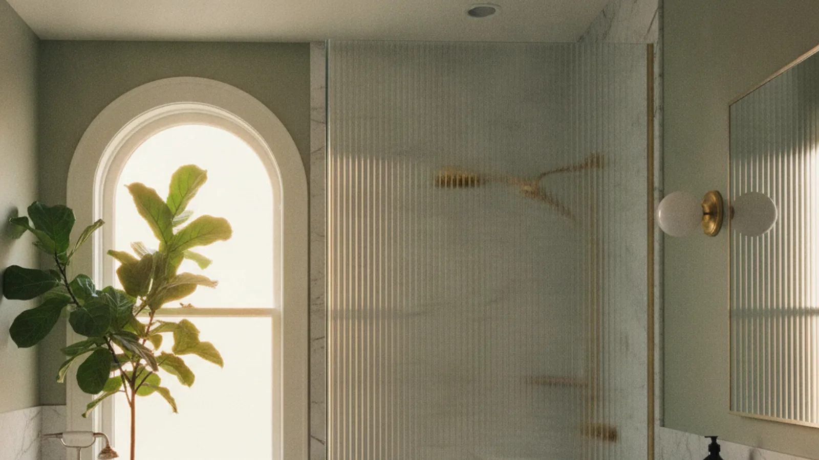 A newly remodeled modern bathroom in a San Francisco home, featuring a walk-in shower with glass enclosure, a floating vanity, and large-format gray tiles.