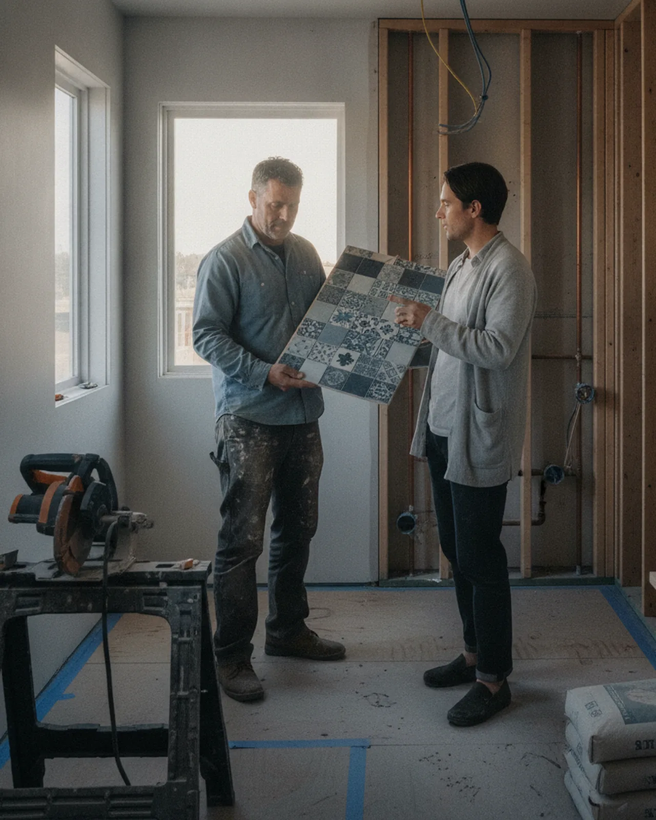 A homeowner and their bathroom contractor review tile samples in a San Francisco home during the design phase of a remodel.
