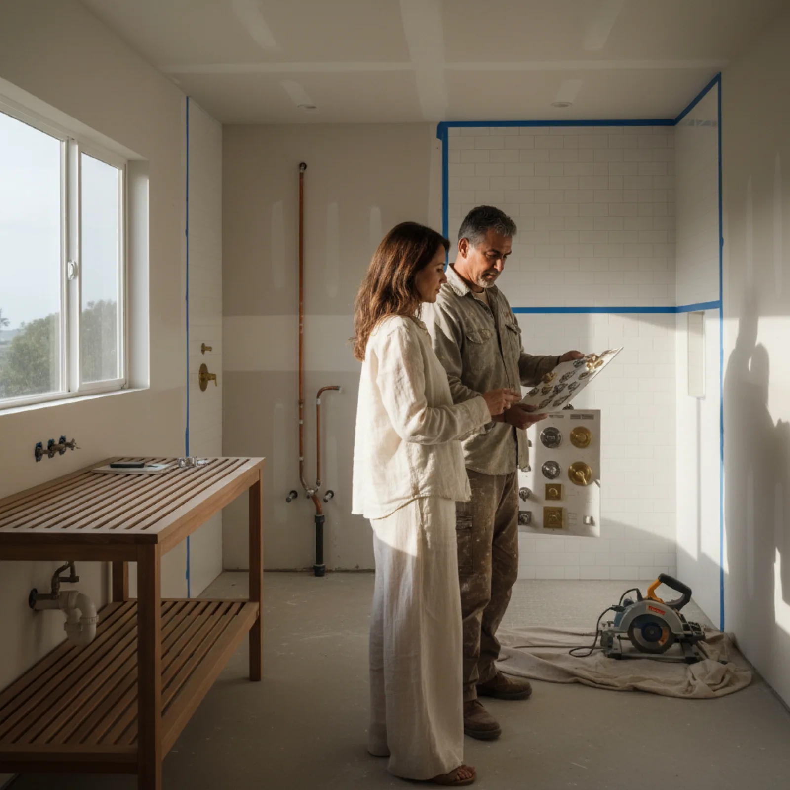 A La Jolla homeowner reviewing shower trim samples with her general contractor in a primary bathroom mid-renovation, with teak vanity installed and subway tile partially up the shower wall