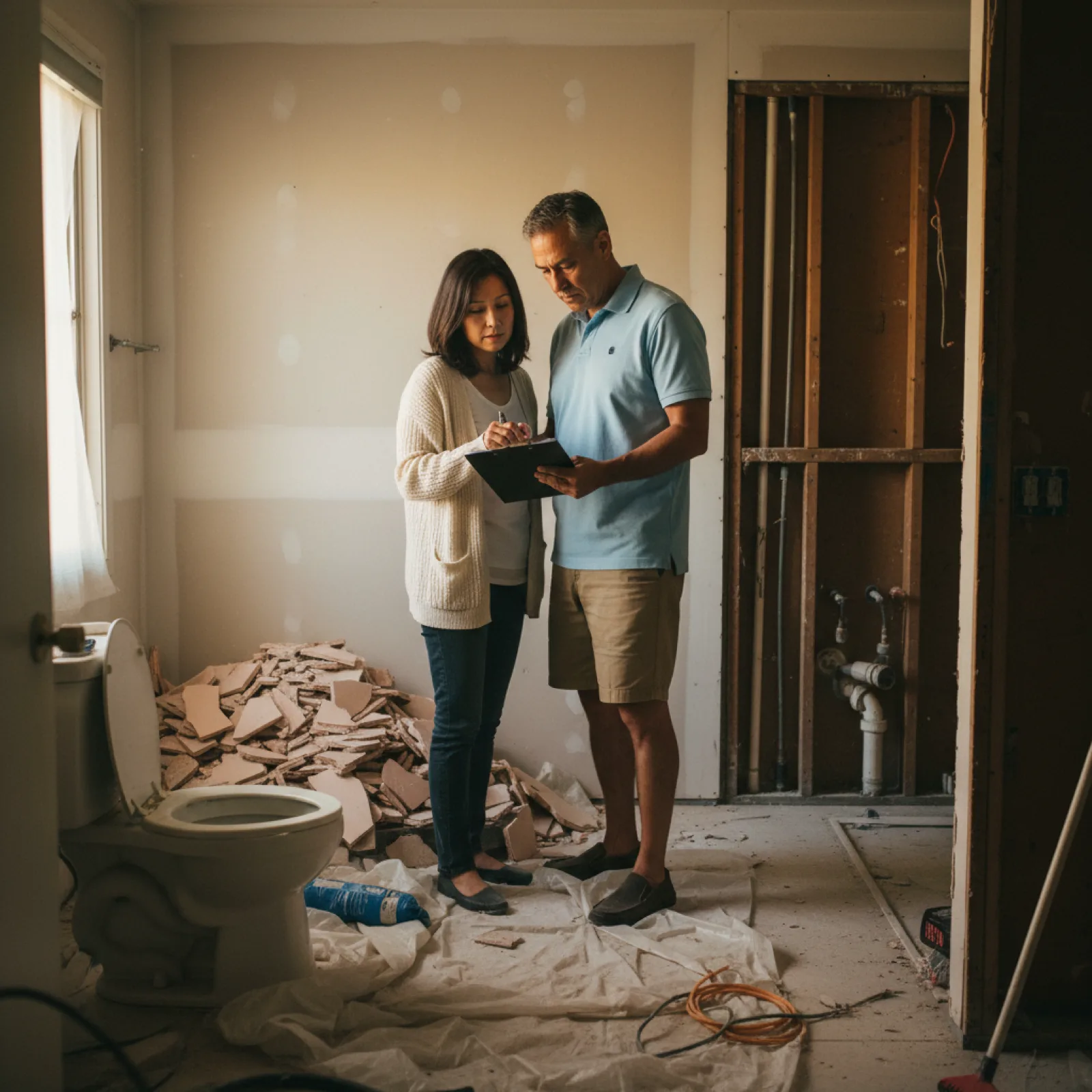 A San Diego homeowner couple reviewing a contractor's invoice on a clipboard in their half-demolished bathroom, with old pink tile debris piled in the corner