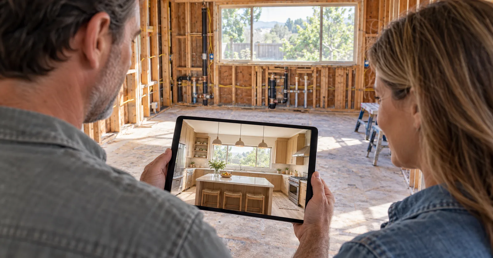 Two homeowners holding a tablet with the 3D kitchen design inside the framed-out room