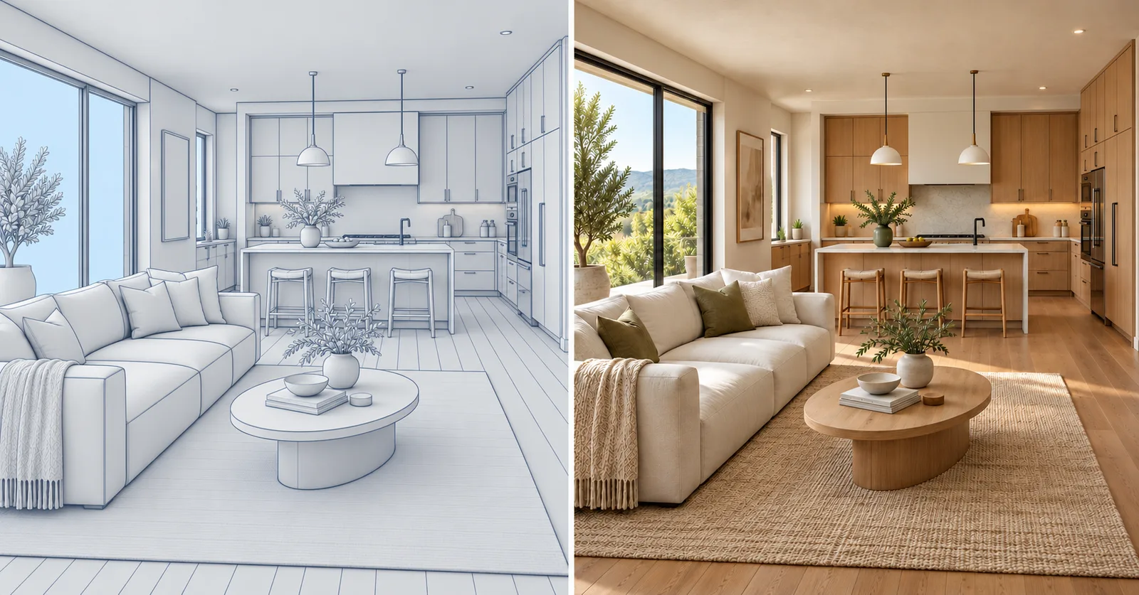 A line drawing of a living room and kitchen beside the same room as a finished 3D render