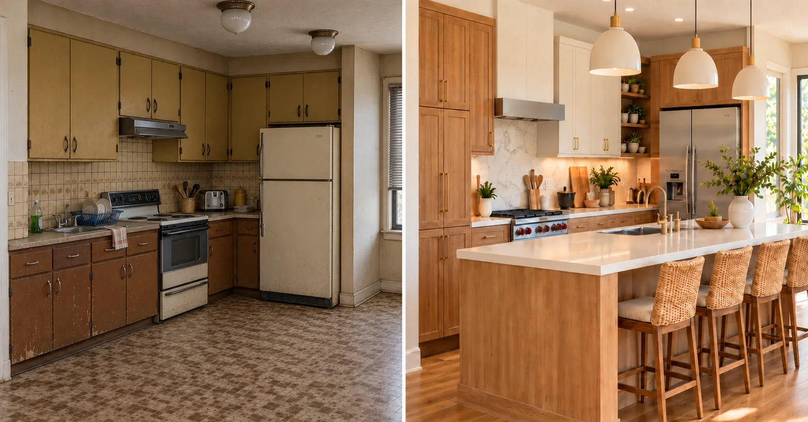 The same kitchen before the remodel and after it
