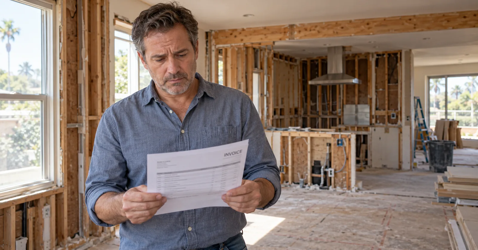 A homeowner reading an invoice in the middle of a gutted kitchen remodel