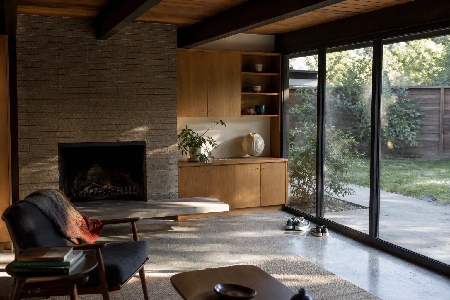Renovated Bay Area Eichler-style living space with original post-and-beam ceiling, warm oak cabinetry and floor-to-ceiling glass opening to a modest green backyard
