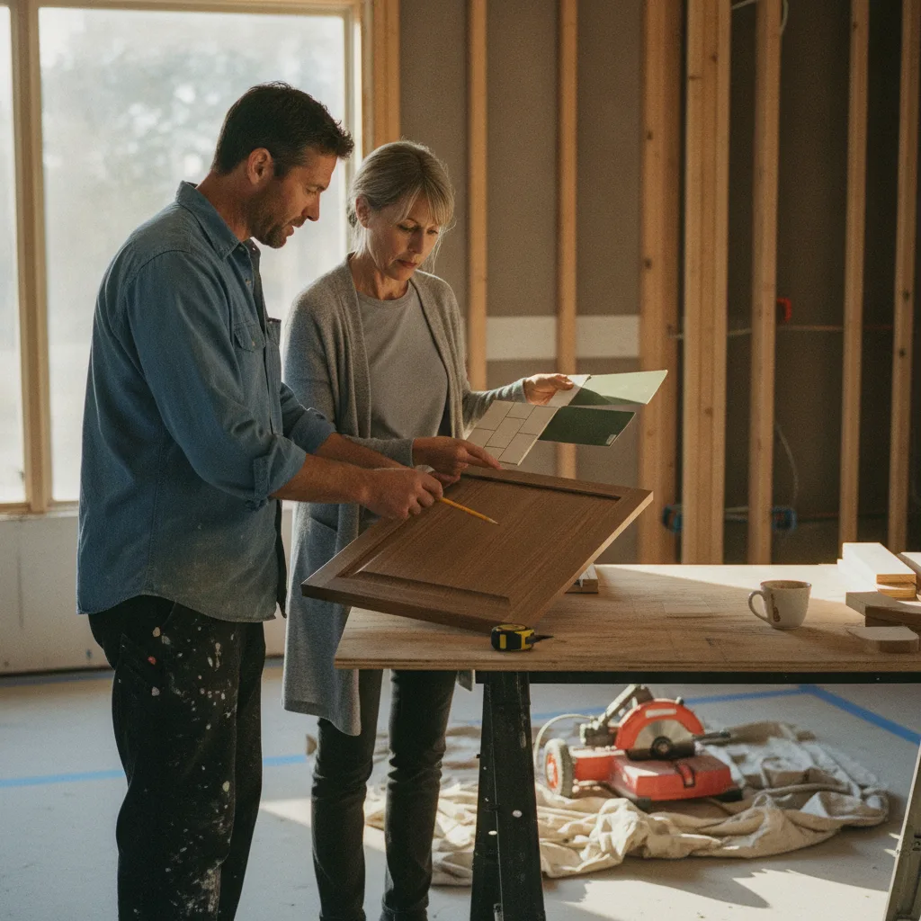 A homeowner and their contractor review countertop samples in a partially renovated kitchen.
