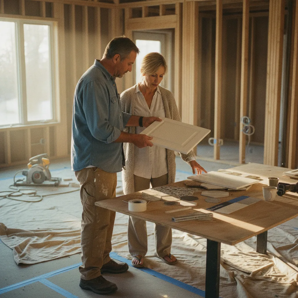 A homeowner and their contractor reviewing blueprints and material samples in a kitchen under renovation.