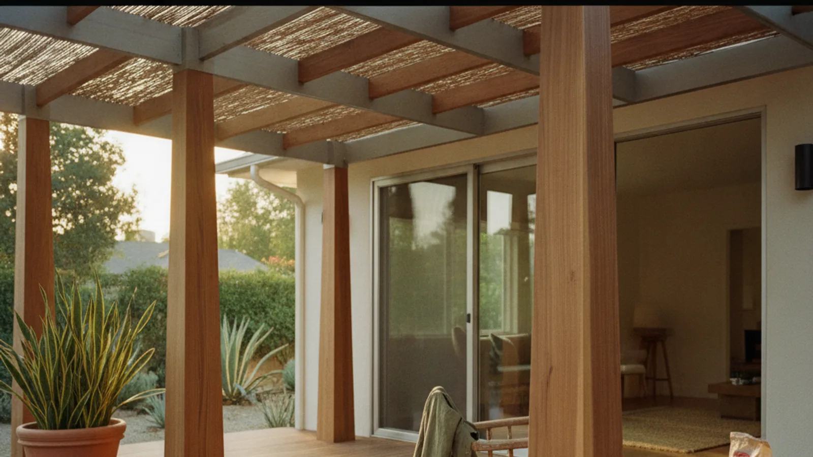 A modern Los Angeles home with a multi-level Ipe wood deck and a black aluminum pergola, overlooking the city at dusk.