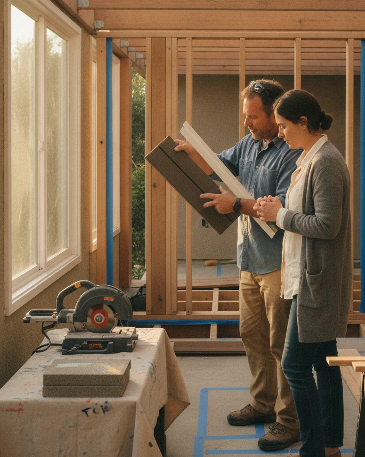 A homeowner and their contractor review composite decking samples on a sunny Los Angeles patio, comparing different wood-grain textures and colors.