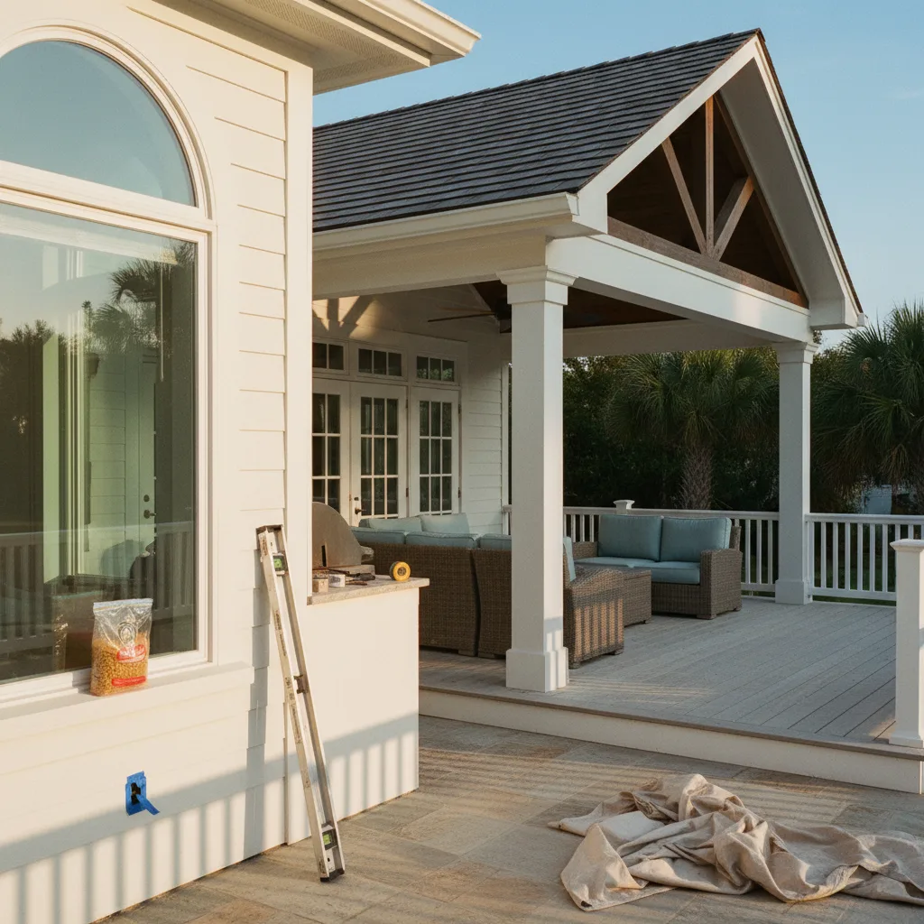A newly built, modern composite deck with black aluminum railings overlooking a lush backyard with oak trees in Jacksonville, Florida.