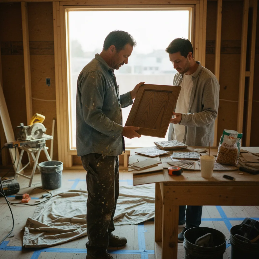 A Denver homeowner and their contractor reviewing composite deck samples on a sunny afternoon.