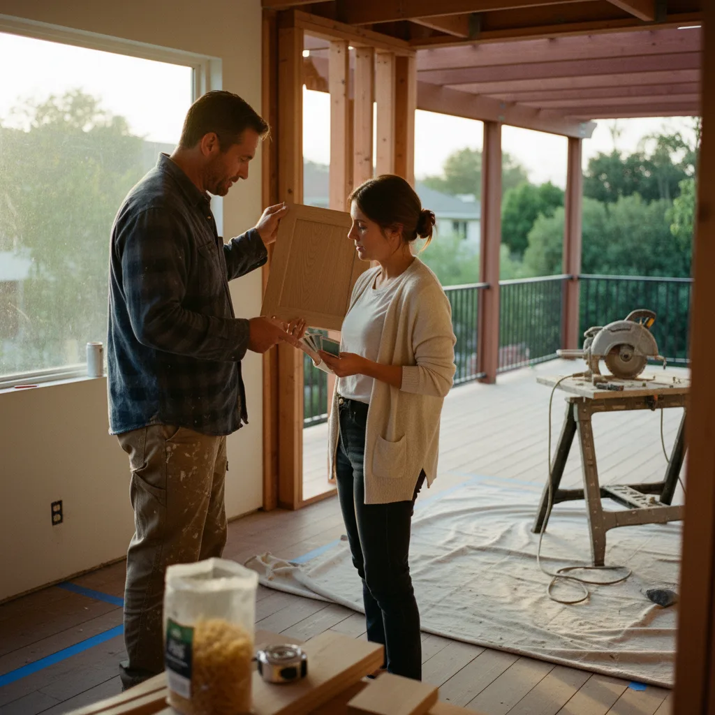 A Los Angeles homeowner and their contractor review composite decking samples on a sunny patio.