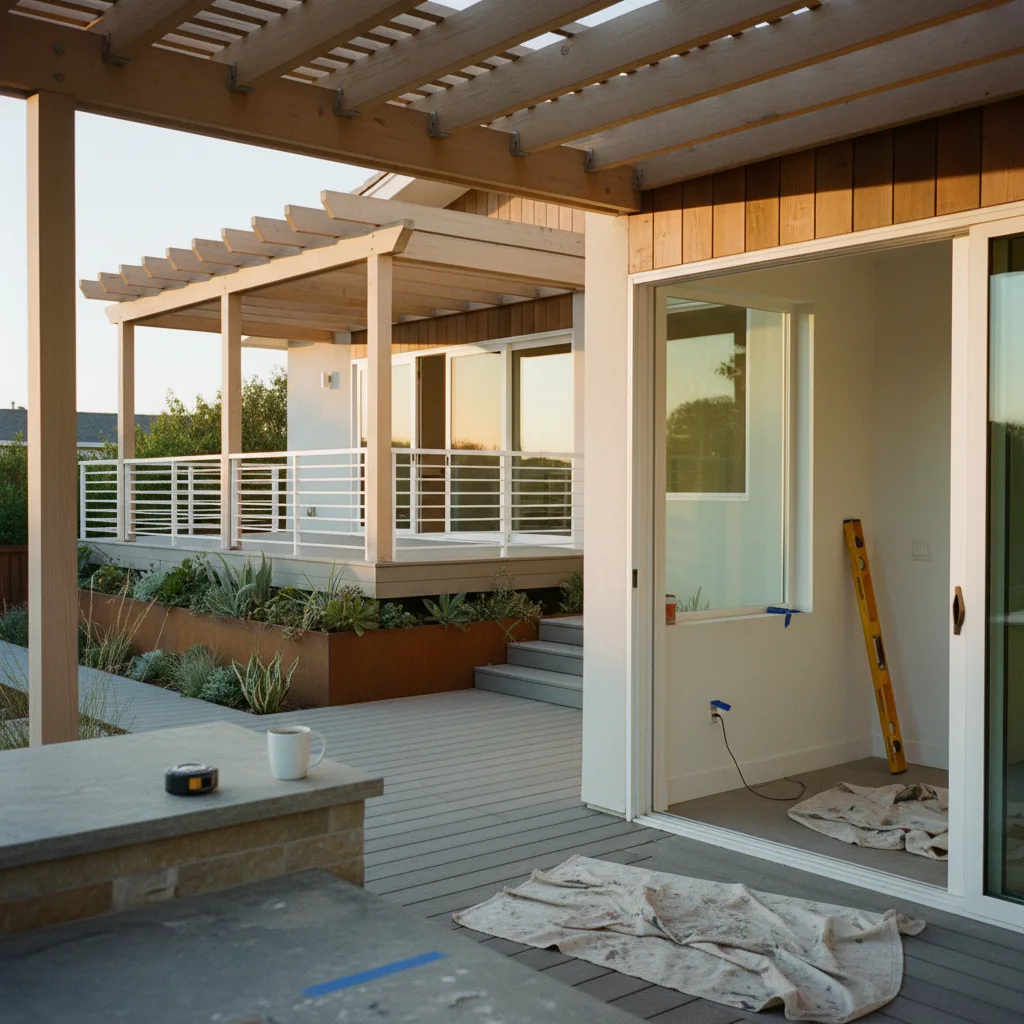 A modern composite deck with a black aluminum pergola overlooking a canyon in a San Diego home, complete with outdoor furniture.