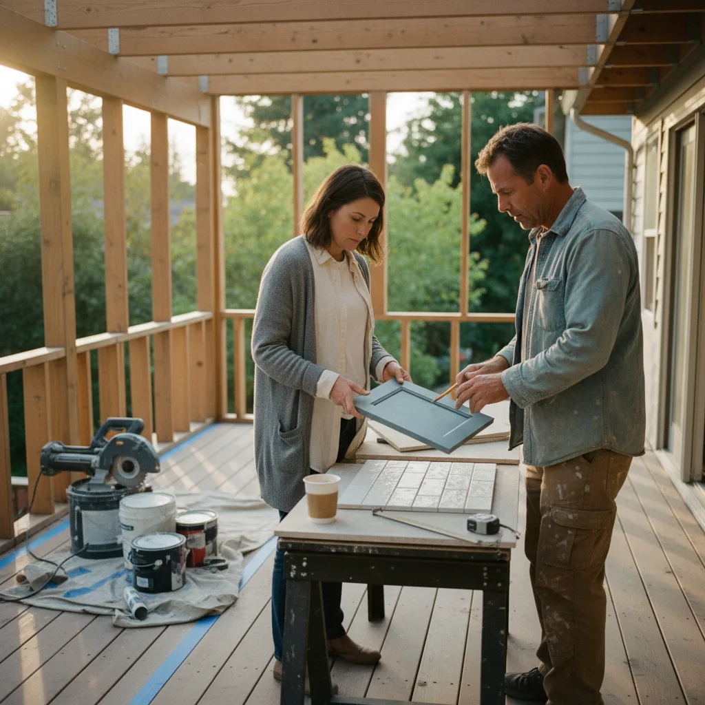 Seattle homeowner and contractor discussing composite decking samples on a newly framed deck.