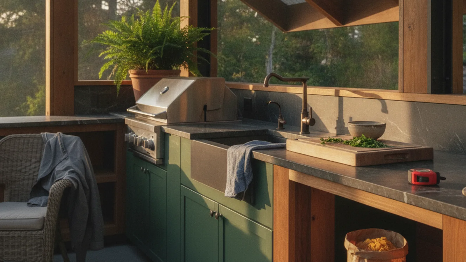 A modern outdoor kitchen in a Seattle backyard, featuring dark wood paneling, a built-in stainless steel grill, and stone countertops under a covered patio.