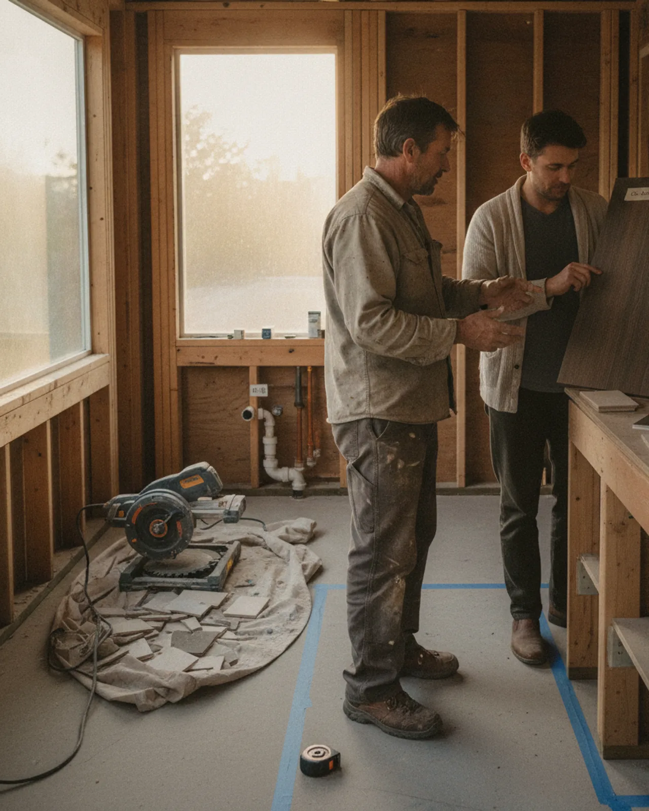 A homeowner and their contractor review countertop samples for an outdoor kitchen in a Seattle backyard, discussing durability in the Pacific Northwest climate.