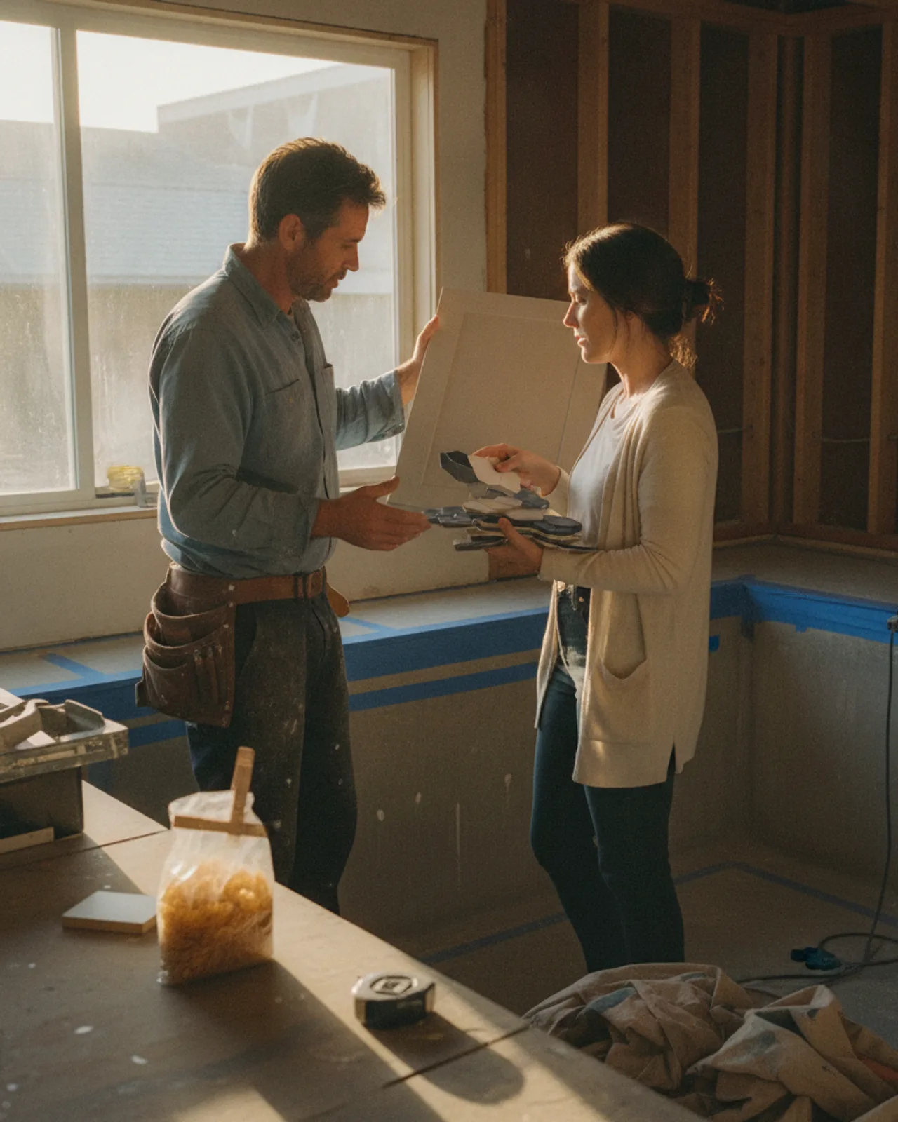 A homeowner and her contractor review tile samples for a pool renovation in their backyard, with architectural plans spread out on a table.