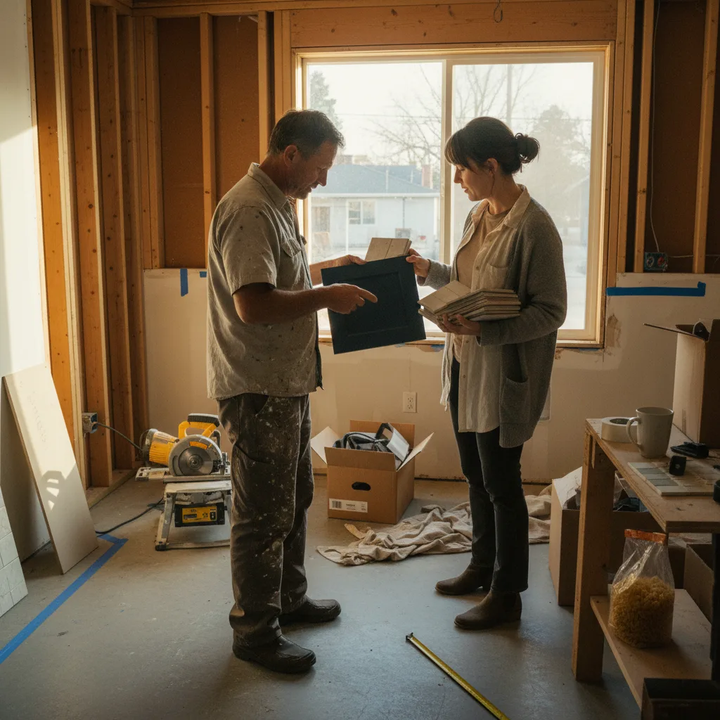 A Denver homeowner and their contractor reviewing concrete finish samples for a new driveway project.